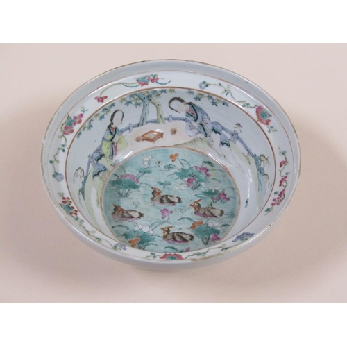 132 - A 19c Chinese famille verte bowl of deep circular form, the base decorated with ducks on a pool, the... 