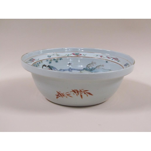 132 - A 19c Chinese famille verte bowl of deep circular form, the base decorated with ducks on a pool, the... 