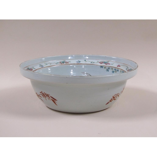 132 - A 19c Chinese famille verte bowl of deep circular form, the base decorated with ducks on a pool, the... 