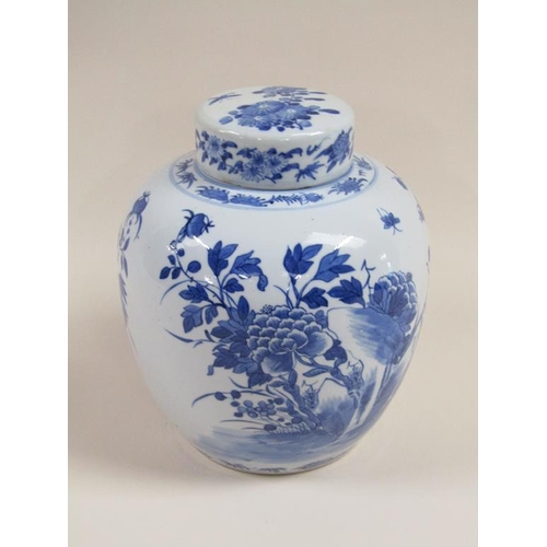 136 - A 19c Chinese blue and white baluster jar decorated with finches and blossom with lift off cover (a/... 