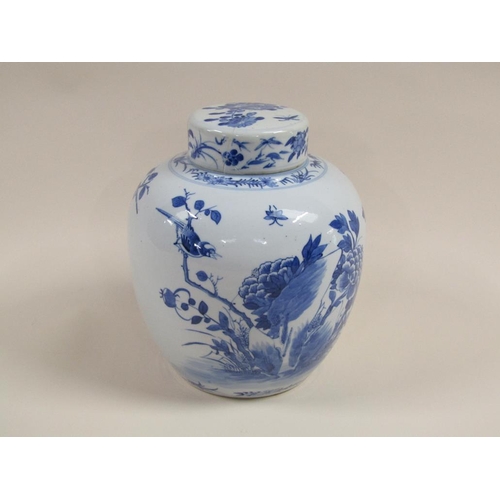 136 - A 19c Chinese blue and white baluster jar decorated with finches and blossom with lift off cover (a/... 