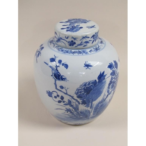 136 - A 19c Chinese blue and white baluster jar decorated with finches and blossom with lift off cover (a/... 