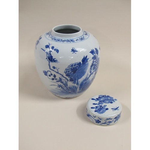 136 - A 19c Chinese blue and white baluster jar decorated with finches and blossom with lift off cover (a/... 