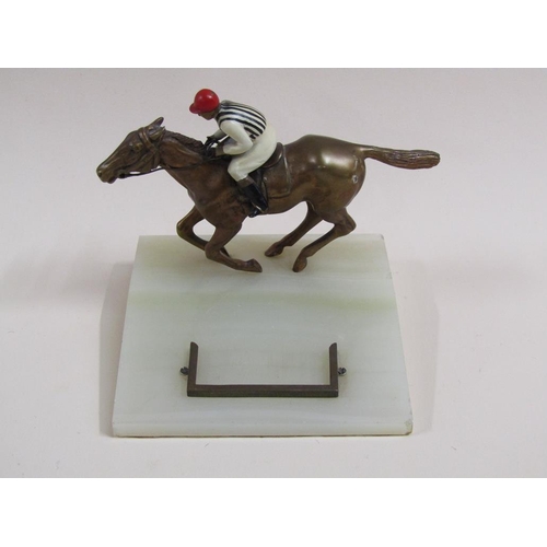 19 - Early 20c enamelled metal horse and jockey trophy on onyx base, horse 15cm w.