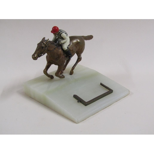 19 - Early 20c enamelled metal horse and jockey trophy on onyx base, horse 15cm w.