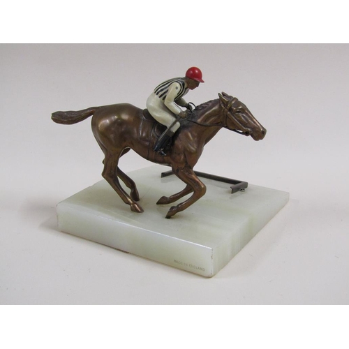 19 - Early 20c enamelled metal horse and jockey trophy on onyx base, horse 15cm w.