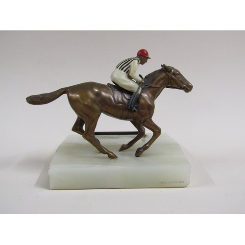 19 - Early 20c enamelled metal horse and jockey trophy on onyx base, horse 15cm w.