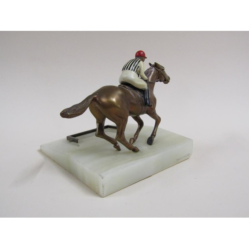 19 - Early 20c enamelled metal horse and jockey trophy on onyx base, horse 15cm w.