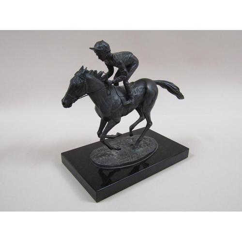 21 - A patinated bronzed horse and jockey figure group 'Champion Finish', inscribed by David Cornell 1985... 