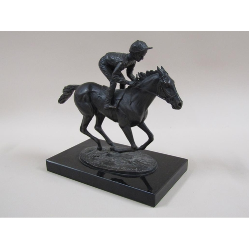 21 - A patinated bronzed horse and jockey figure group 'Champion Finish', inscribed by David Cornell 1985... 