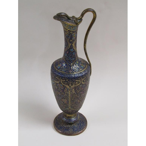 25 - A 19c Indian serpent ewer, enamel decorated with hinger cover and serpent handle, supported on a cir... 