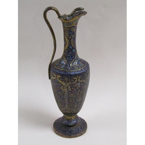 25 - A 19c Indian serpent ewer, enamel decorated with hinger cover and serpent handle, supported on a cir... 