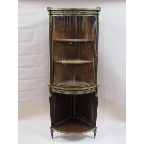 280 - A late 19c walnut standing corner cupboard with bow front glazed and shelved upper section on an ope... 