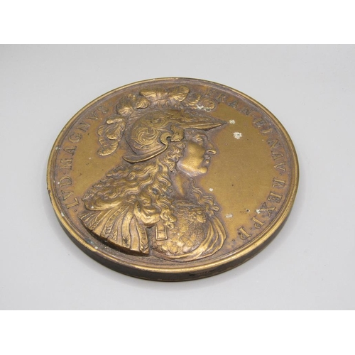 48 - A Louis XIV 'Sunking' gilt bronze medallion, dated 1674, 8cm diam.