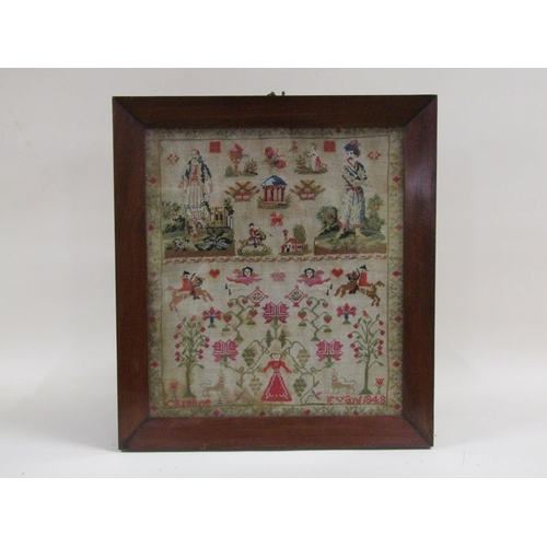 155 - A 19c needlework picture of two Turkish gentlemen, a pavilion, horses and riders, angel faces in clo... 