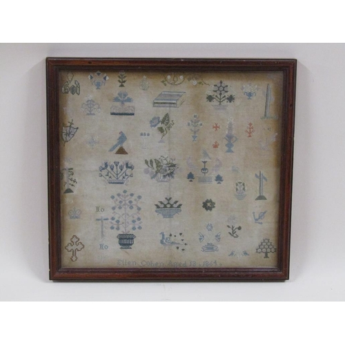 158 - A 19c needlework sampler decorated with flowers, books, birds by Ellen Cohen, aged 13, 1864, framed ... 