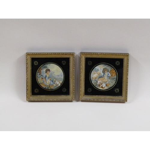 160 - A pair of 19c silk work pictures - shepherd and shepherdess with sheep, resting in a landscape, circ... 