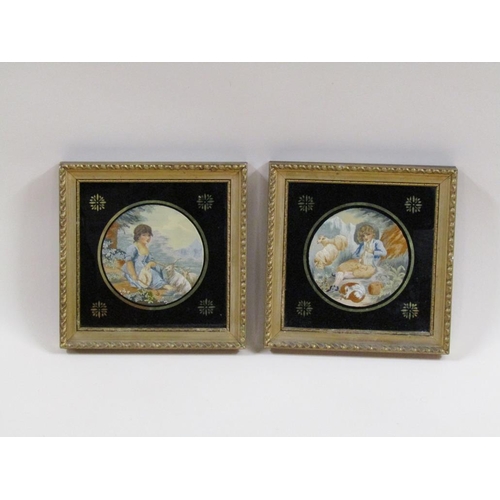 160 - A pair of 19c silk work pictures - shepherd and shepherdess with sheep, resting in a landscape, circ... 