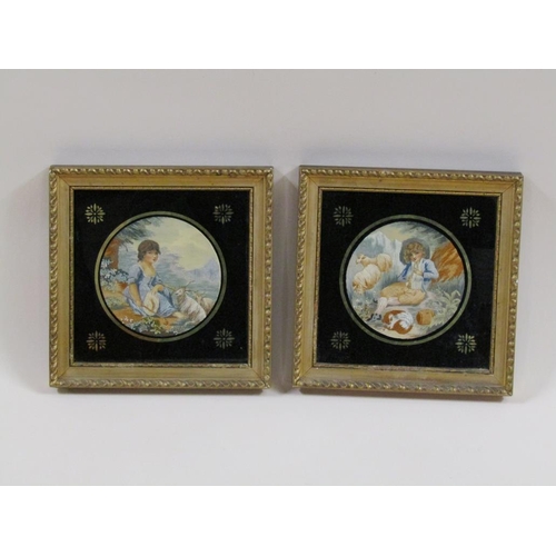 160 - A pair of 19c silk work pictures - shepherd and shepherdess with sheep, resting in a landscape, circ... 