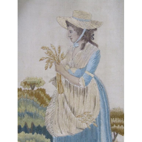 162 - An early 19c silk work picture of a lady gathering corn, oval framed and glazed, 17cm x 24cm.