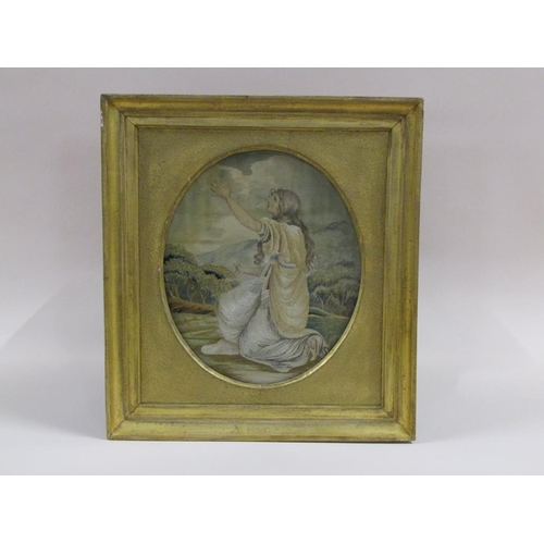 166 - A 19c silk work and watercolour picture of Ruth kneeling and offering up a prayer, oval framed and g... 