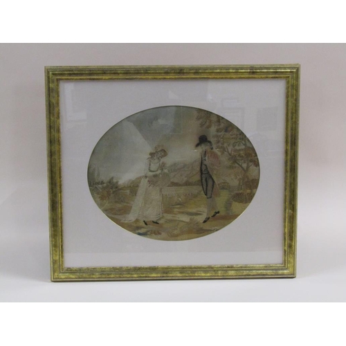 167 - An early 19c silk work picture of a lady and gentleman in a corn field, oval framed and glazed, 29cm... 