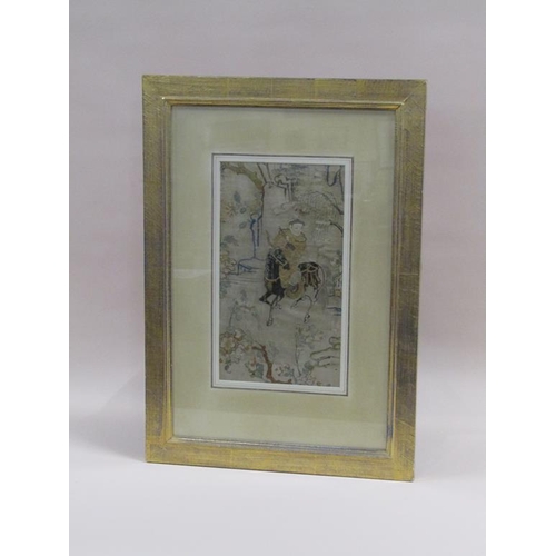 169 - A late 18c/early 19c Oriental silk work picture depicting and archer on horseback, framed and glazed... 