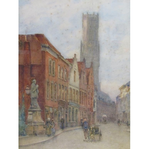 191 - Arthur G Bell - A street scene in Bruges, late 19c, signed watercolour, framed and glazed, 52cm x 35... 