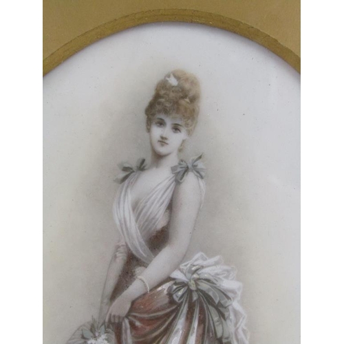 192 - Unsigned 19c painting on white ceramic panel of a portrait of a lady, oval framed and glazed, 15cm x... 