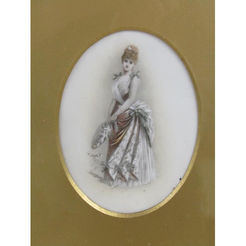 192 - Unsigned 19c painting on white ceramic panel of a portrait of a lady, oval framed and glazed, 15cm x... 