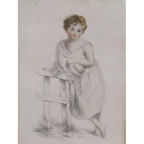 195 - Unsigned 19c - A scantily clad female resting on a fence, pencil and watercolour, framed and glazed,... 