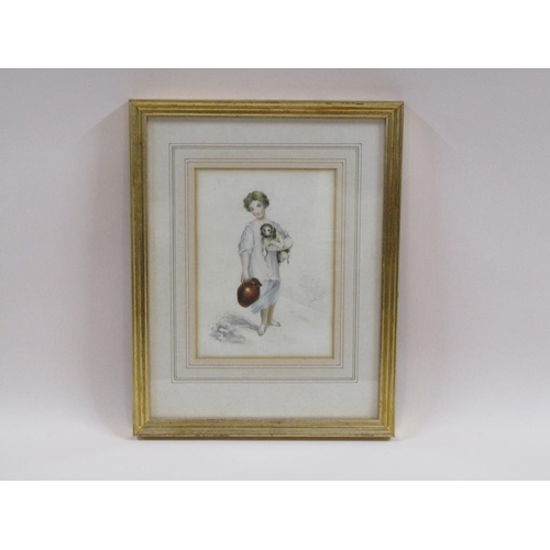 196 - Unsigned 19c - A portrait of a young lady carrying a dog and a pitcher, unsigned, pencil watercolour... 