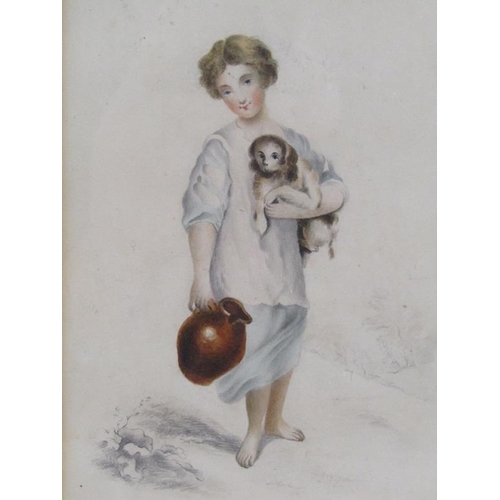 196 - Unsigned 19c - A portrait of a young lady carrying a dog and a pitcher, unsigned, pencil watercolour... 