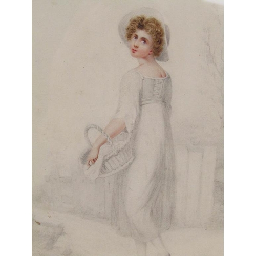 197 - Unsigned 19c portrait of a lady walking a pathway, she wearing a wide brimmed hat and carrying a bas... 