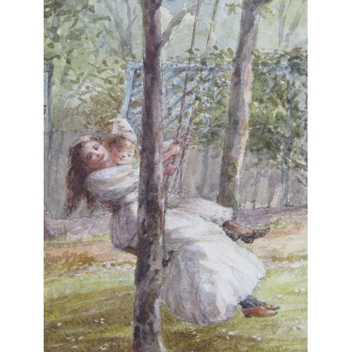 198 - Arthur Torkington - A late 19c young lady on a swing with a child, signed in mono, watercolour, fram... 