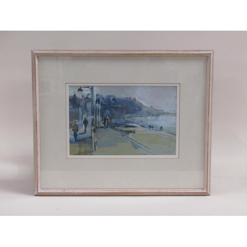 204 - Jane Corsellis - Evening walkers - Pleneuf-Val-Andre, signed watercolour, framed and glazed, 17cm x ... 