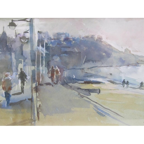 204 - Jane Corsellis - Evening walkers - Pleneuf-Val-Andre, signed watercolour, framed and glazed, 17cm x ... 