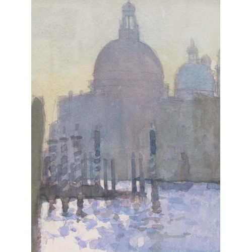 205 - Ken Howard - Venice purple and green, signed watercolour, framed and glazed, 20cm x 15cm.