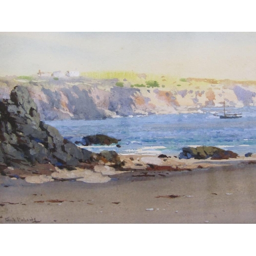 209 - Frank Richards - Sunlight and shadow, Cornish coast, signed watercolour, framed and glazed, 17cm x 2... 