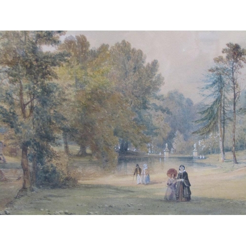 213 - Thomas Miles Richardson Jnr - A Victorian walk in the park, watercolour, framed and glazed, 23cm x 3... 