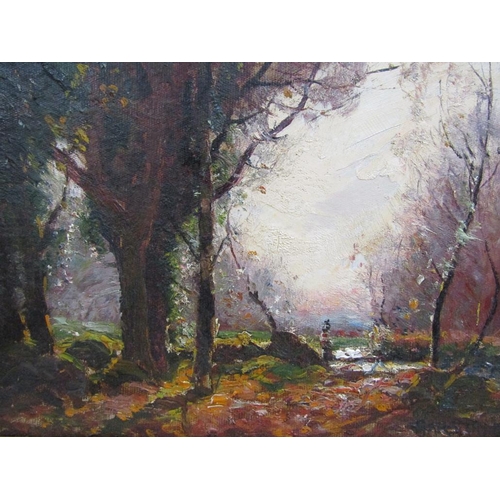 218 - Garstin Cox - In the forest, signed oil on board, framed, 24cm x 29cm.