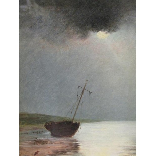 222 - Richard Elmore - A beached sailing vessel in the moonlight, signed and dated 1897, oil on canvas, fr... 