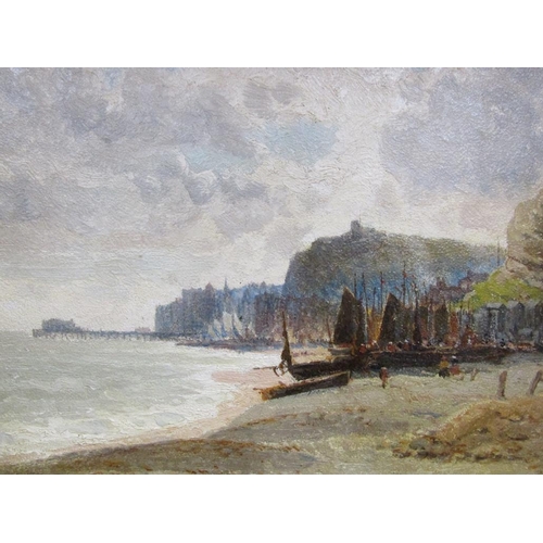 223 - Edward Alfred Pettitt - Fishing fleet awaiting the turning tide, signed oil on board, framed, 23cm x... 