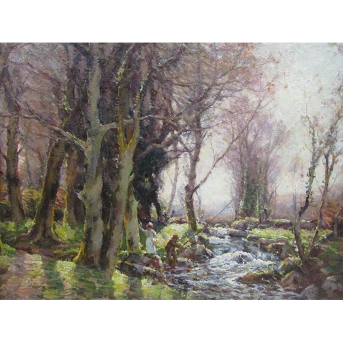 224 - Garstin Cox - Fishing a fast flowing woodland river, signed oil on canvas, framed, 63cm x 75cm.