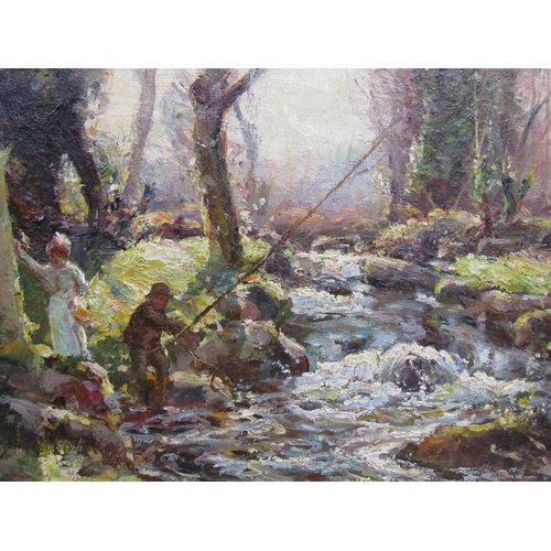 224 - Garstin Cox - Fishing a fast flowing woodland river, signed oil on canvas, framed, 63cm x 75cm.