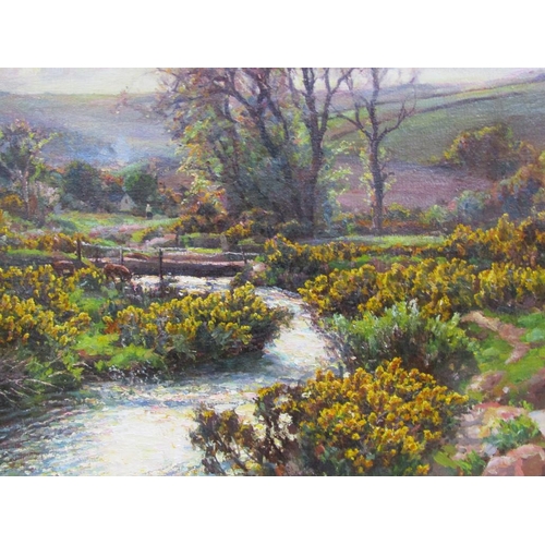 230 - Garstin Cox - Summertime riverscape in an expansive landscape with blossoming gorse, signed oil on c... 