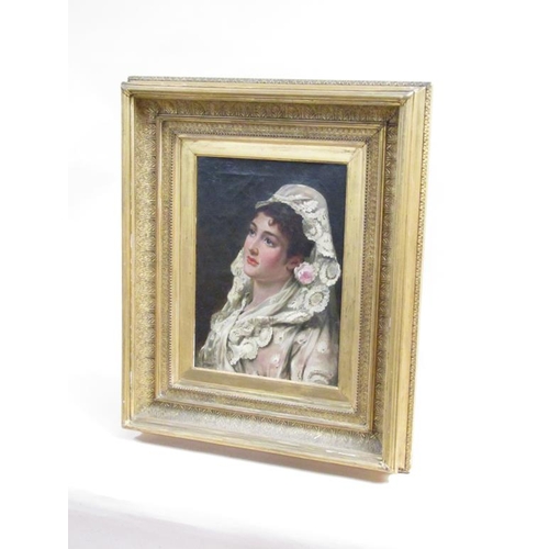 231 - Unsigned 19c - Portrait of a lady in a white silk shawl and with a pink rose in her hair, oil on can... 