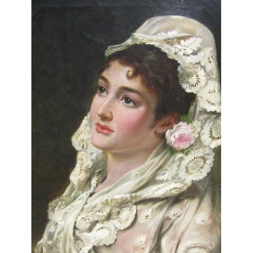 231 - Unsigned 19c - Portrait of a lady in a white silk shawl and with a pink rose in her hair, oil on can... 