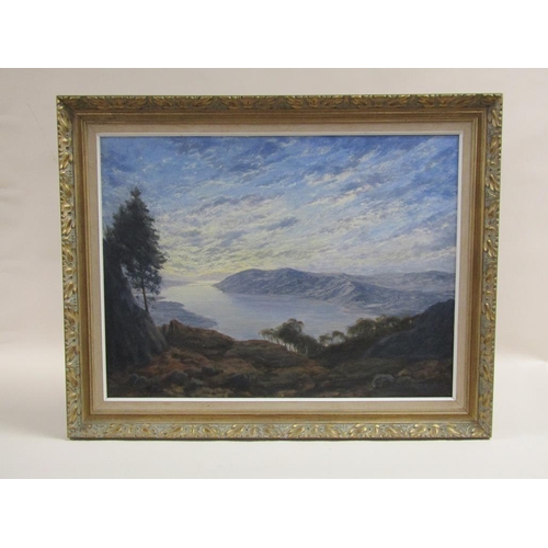 235 - J F Foulger - Sundown over Windermere, signed oil on canvas, framed, 60cm x 80cm.