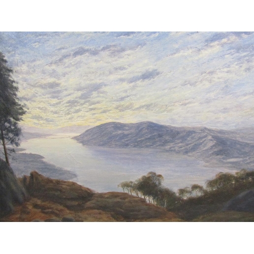 235 - J F Foulger - Sundown over Windermere, signed oil on canvas, framed, 60cm x 80cm.